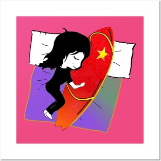 Girl sleeping with surf board Posters and Art
